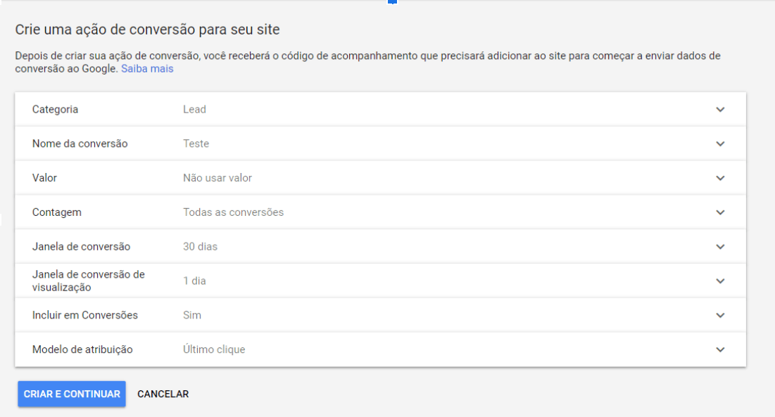criar ação de conversão para site