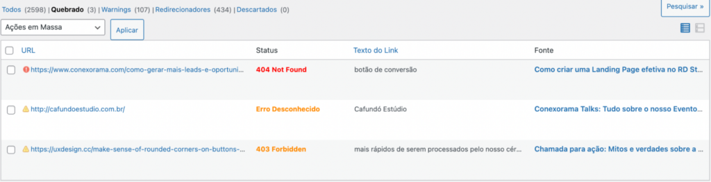 Print da ferramenta Broken Link Checker. Mostra uma lista de páginas e indica quais sites estão validados ou apresentam erros
