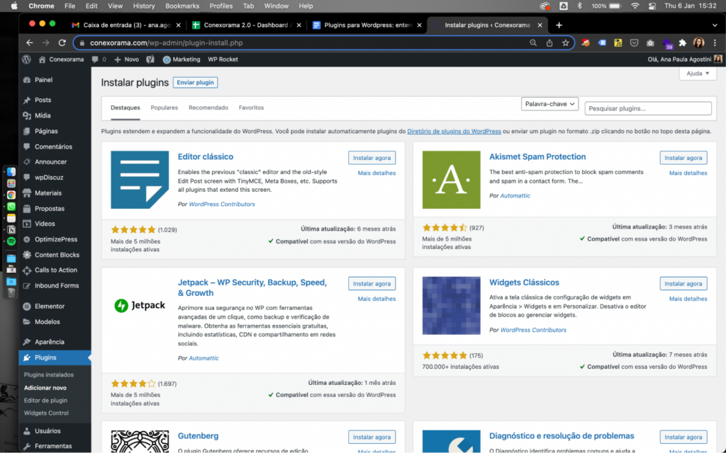 Print mostrando o painel do WordPress, indicando botando de Plugins no menu lateral esquerdo