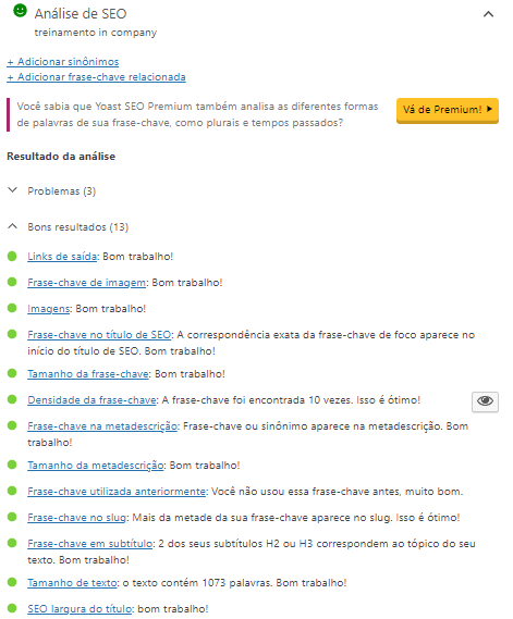 Análise de SEO pelo Yoast
