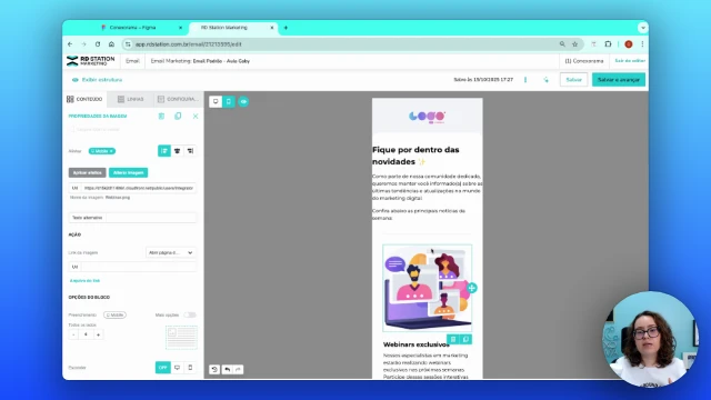 Tela da aula de implementação de layout de e-mail no editor do RD Station
