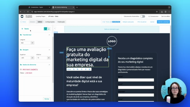 Tela da aula de implementação de landing page no editor do RD Station