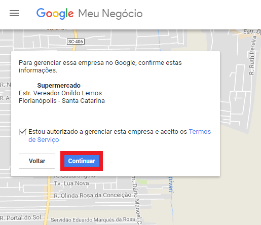 Print da etapa de autorização e verificação de informações no google meu negócio
