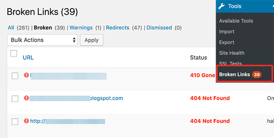 Print do plugin Broken Link do WordPress