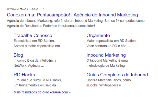 Páginas do site que aparecem junto da home quando buscam por Conexorama