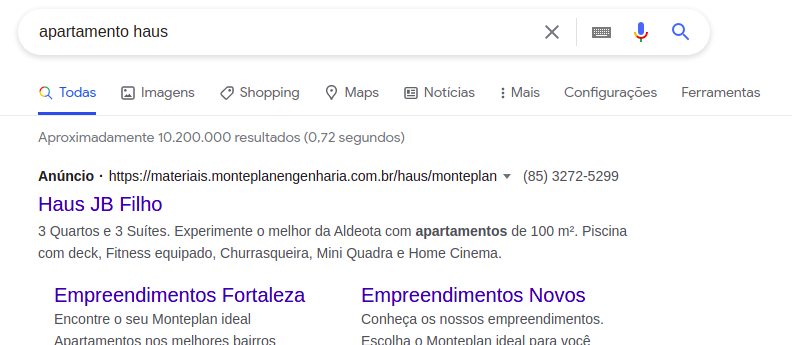 Print de um resultado de pesquisa do google onde a busca paga aparece no topo