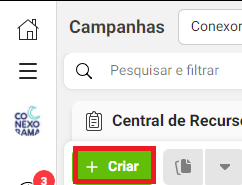 Print do gerenciador de anúncios do Face Ads indicando onde está o botão "criar"