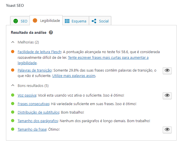 Captura de tela legibilidade Yoast