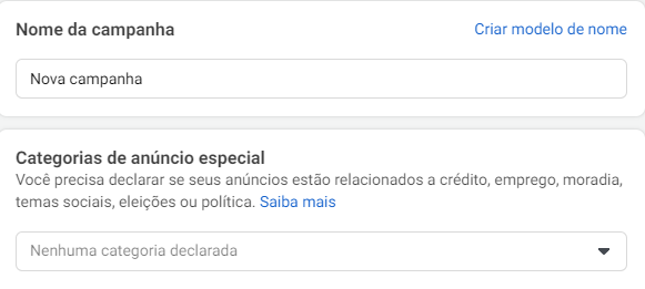 Print mostra onde você deverá definir o nome da campanha
