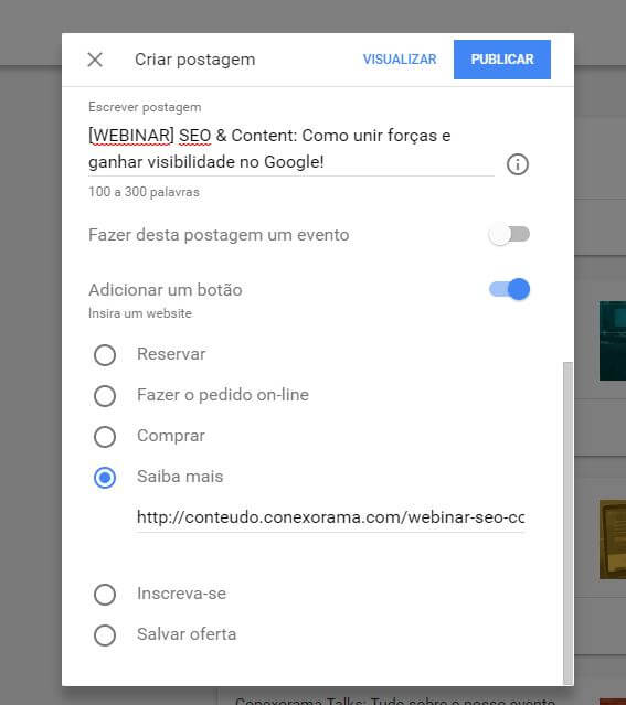 print mostra a finalização da postagem no google meu negócio