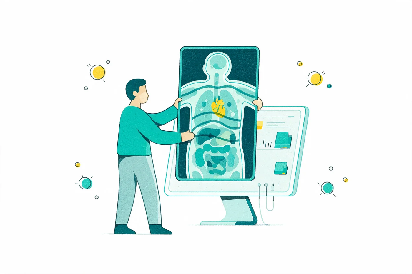 Ilustração: uma chapa de raio-x de um painel de software sendo examinada contra a luz, com áreas marcadas em verde, amarelo e vermelho