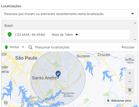 Print mostra onde configurar a localização de sua campanha de Face Ads