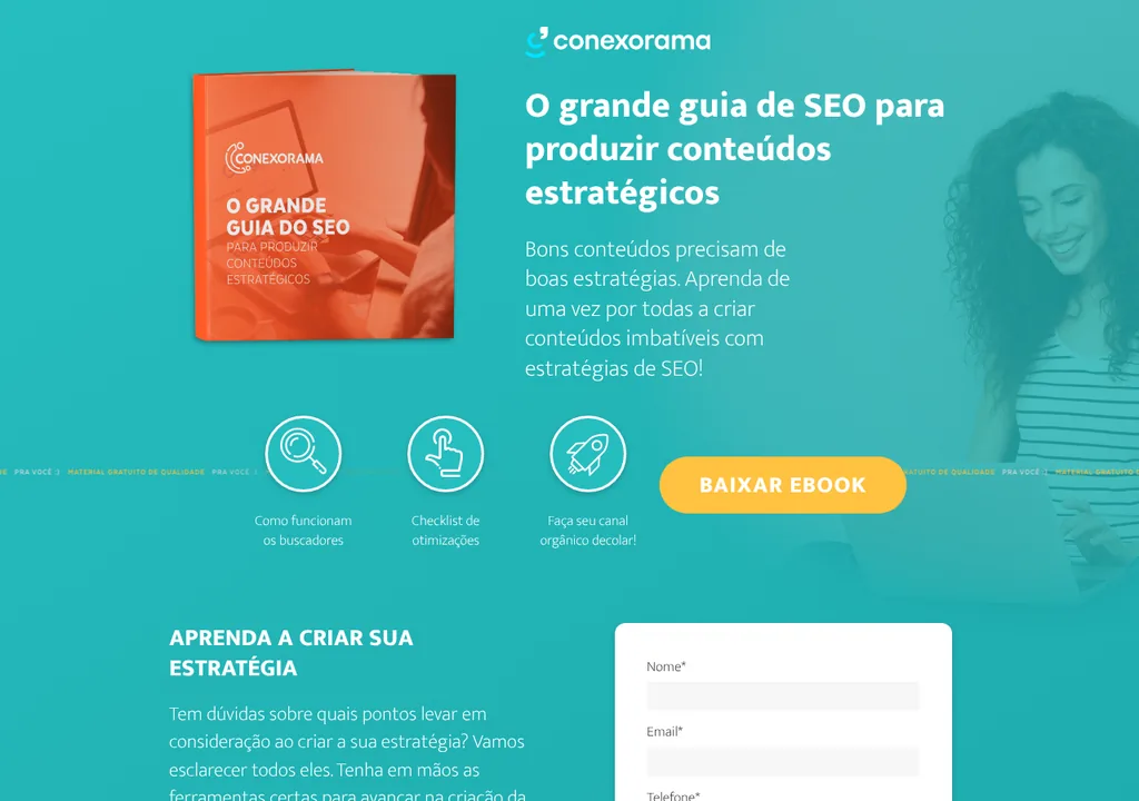 Landing page de conversão do guia de SEO da Conexorama