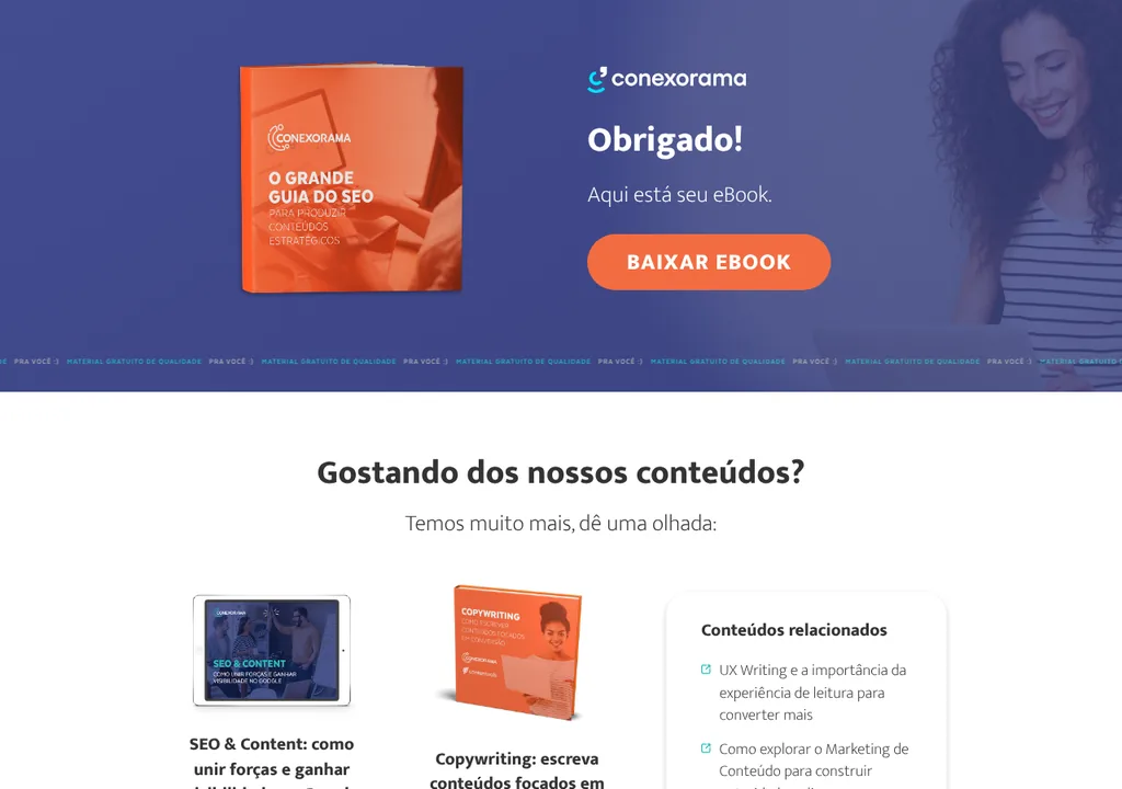 Página de agradecimento do guia de SEO da Conexorama