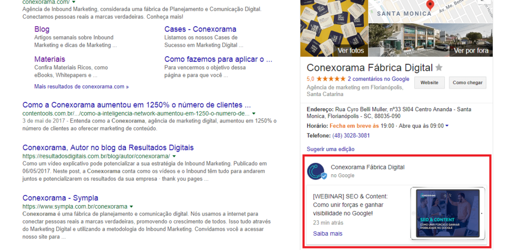 O print mostra como a postagem do Google Meu Negócio aparece na página do Google