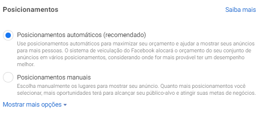 Print mostra onde configurar o posicionamento da campanha