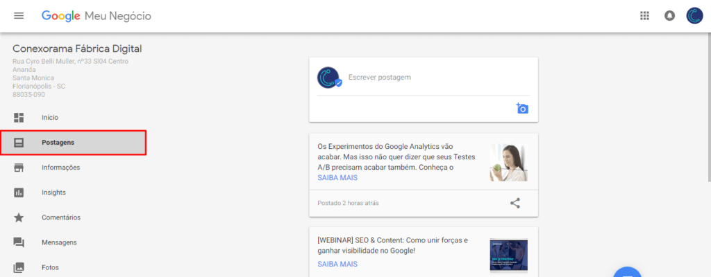 O print indica onde o usuário deve clicar para realizar uma postagem no Google Meu Negócio