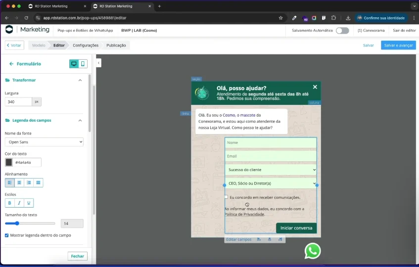 Editor do RD Station com o modal do botão do WhatsApp aberto: foto do atendente, horário, campos e consentimento