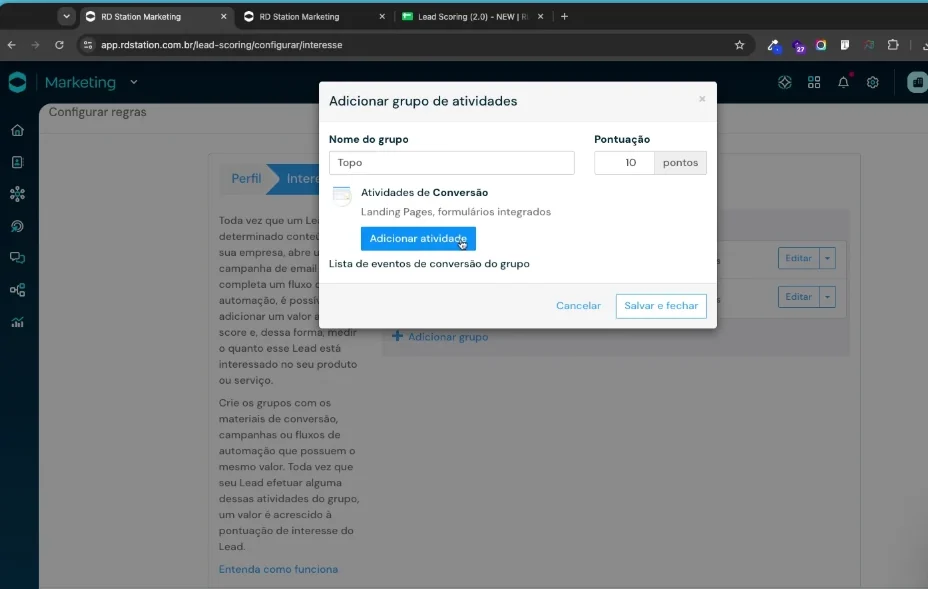 Modal de adicionar grupo de atividades no lead scoring do RD Station