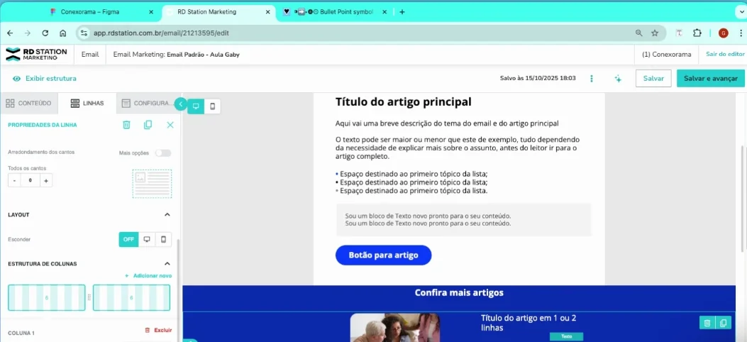 Editor de e-mail do RD Station com a peça montada em blocos e a barra de ferramentas