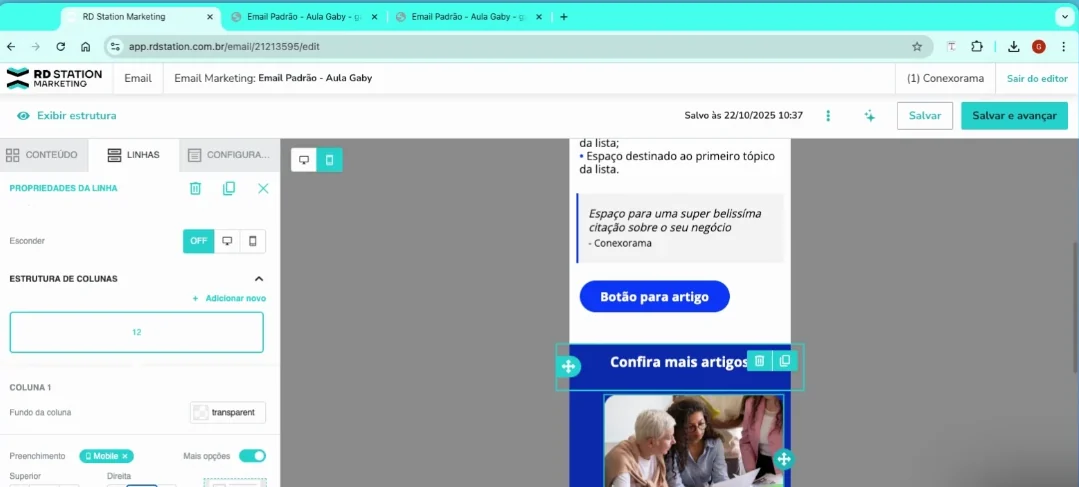 Editor de e-mail do RD Station na visualização de celular com a marcação de ajuste exclusivo de mobile