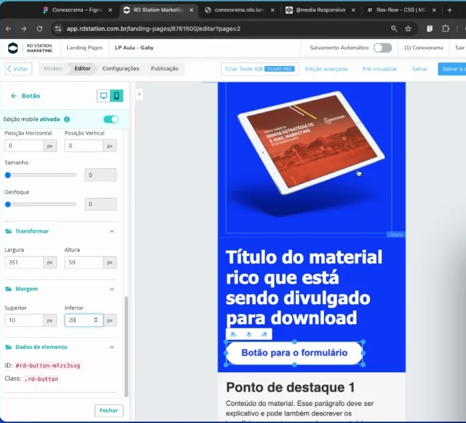 Editor mobile de landing page do RD Station com a edição mobile ativada