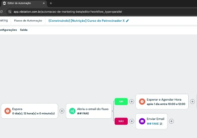 Editor de automação do RD Station com um fluxo de nutrição ramificado por abertura de e-mail