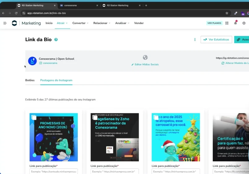 Tela do Link da Bio do RD Station com a aba de postagens do Instagram e os campos de link de cada publicação