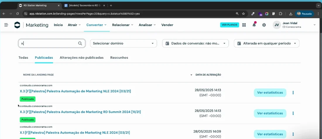 Listagem de landing pages do RD Station filtrada pela busca, mostrando páginas com sufixos ponto um e ponto três