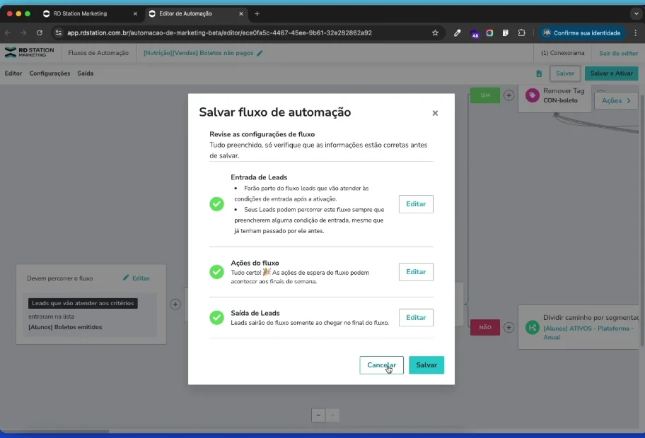 Modal de salvar fluxo de automação no RD Station com a opção de leads que vão atender aos critérios