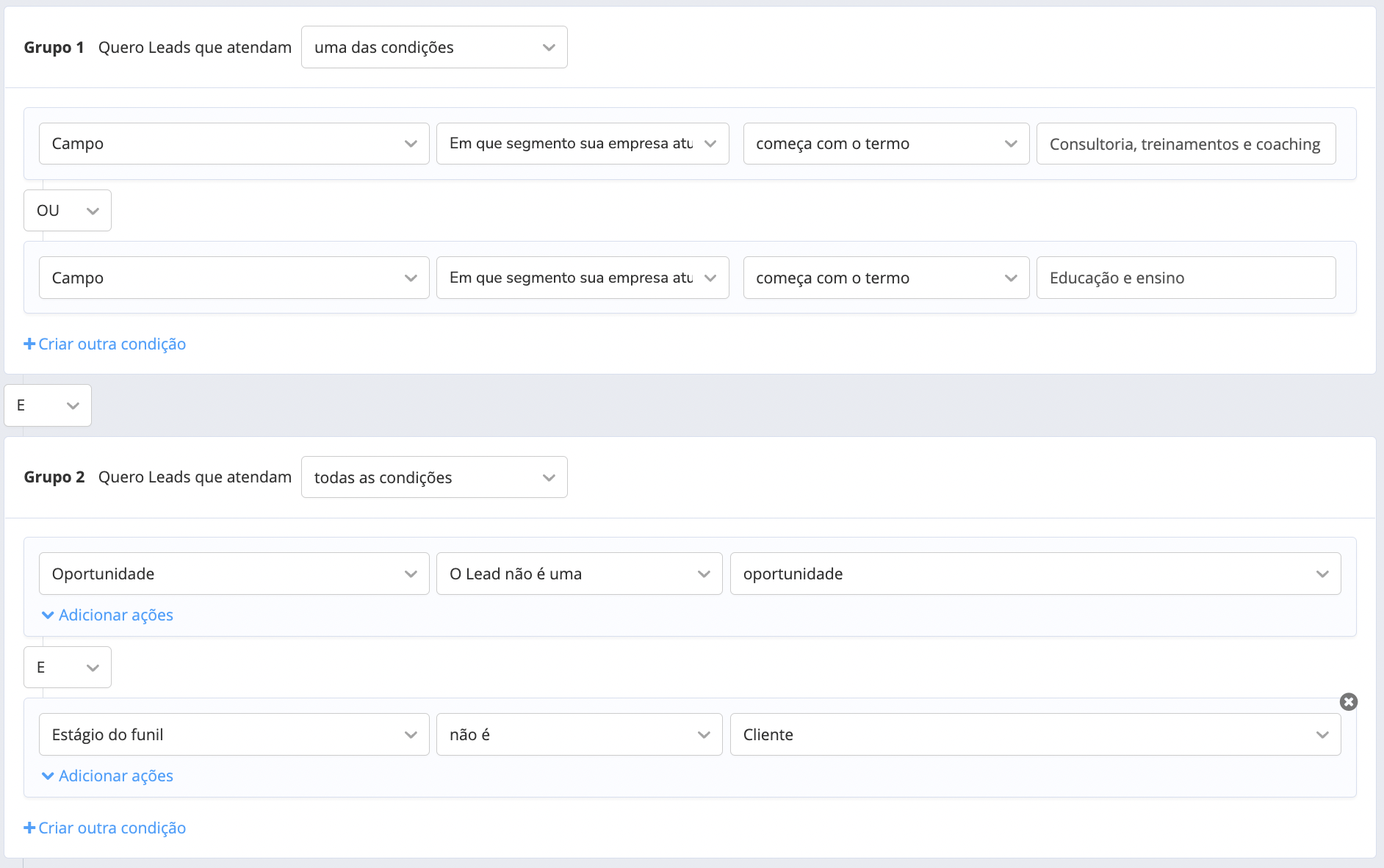 Captura de tela segmentação de Leads