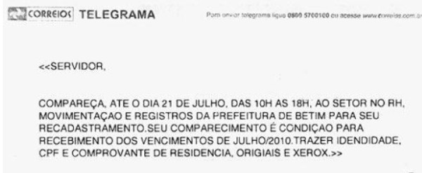 Modelo de copy de um telegrama sem o uso de palavras de transição
