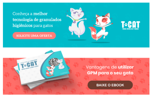 Exemplo de layout onde os CTAs reforçam as cores e grafismos da marca 