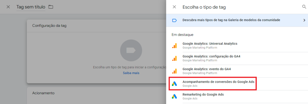 Captura de tela acompanhamento de tags google ads