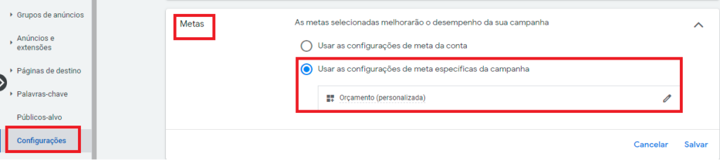 Captura de tela ajuste campanha google ads