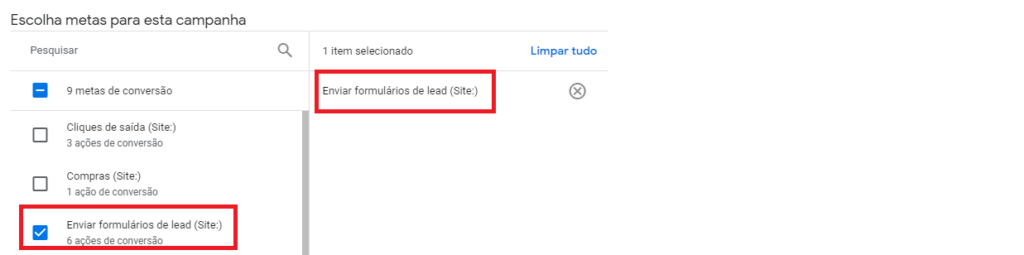 Captura de tela ajuste metas campanha google ads