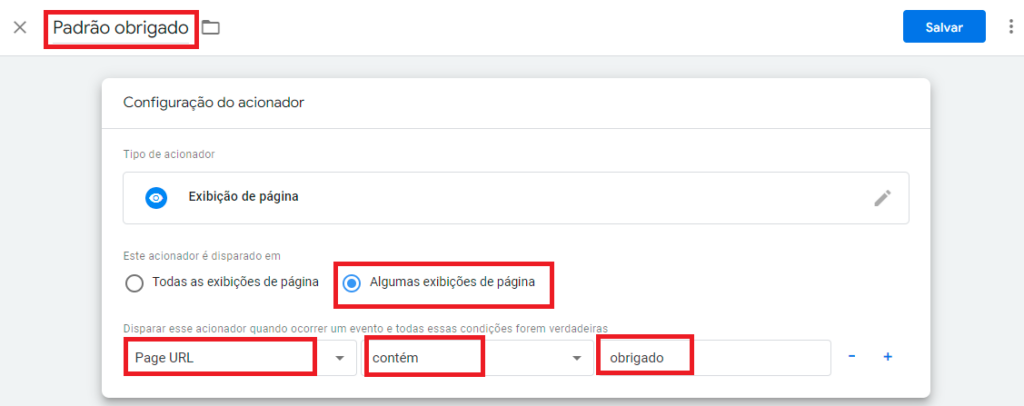 Captura de tela configuração acionador google ads