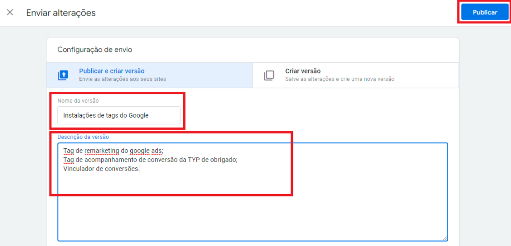 Captura de tela configuração de envio google ads