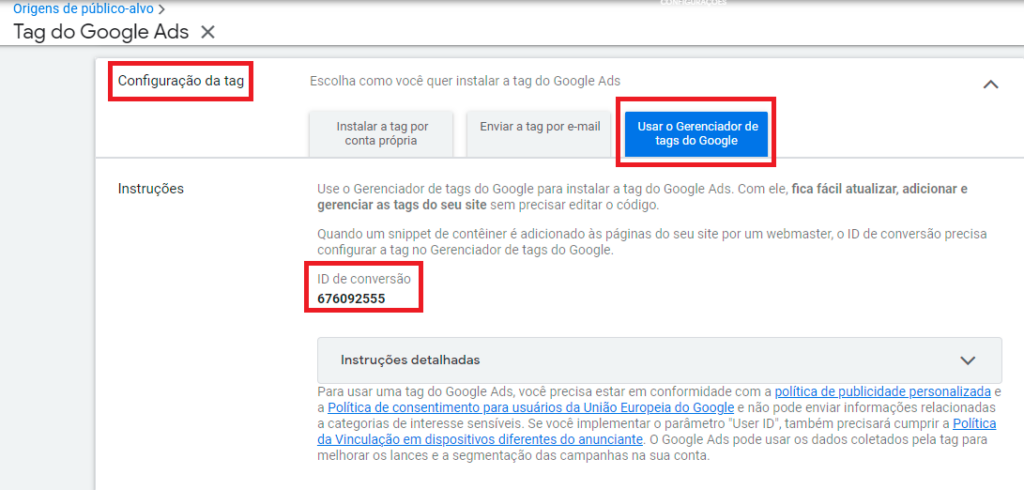 Captura de tela configuração tag google ads