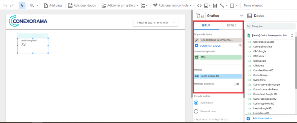 Captura de tela configurar dados google looker studio