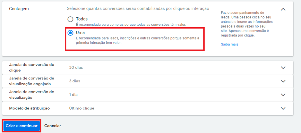 Captura de tela contagem conversões google ads