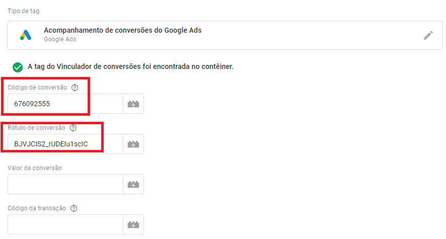 Captura de tela adicionar id e rotulo google ads