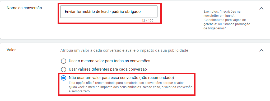 Captura de tela identificação da conversão google ads