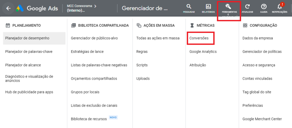 Captura de tela google ads instalação tag conversões