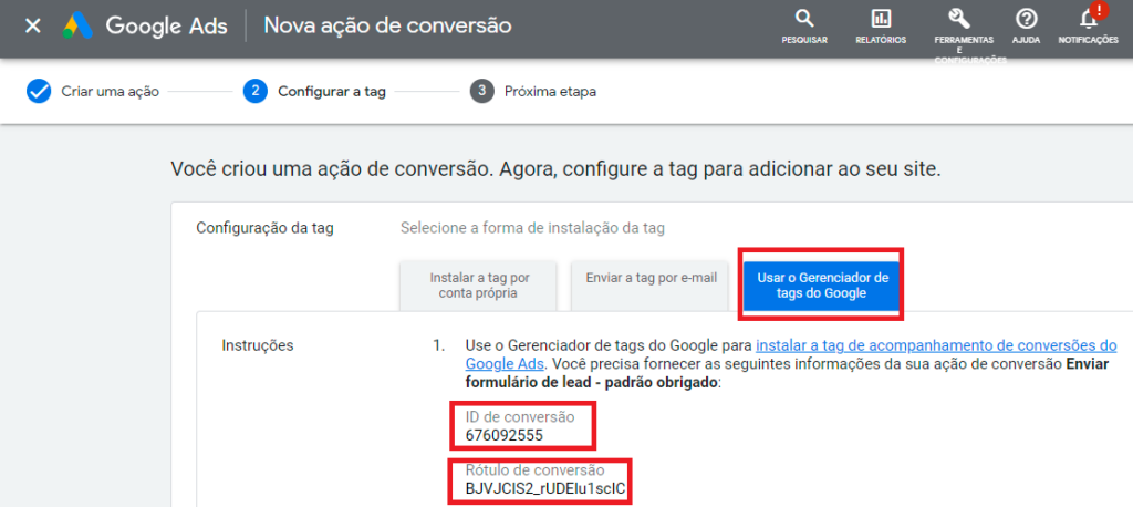 Captura de tela nova ação de conversão google ads