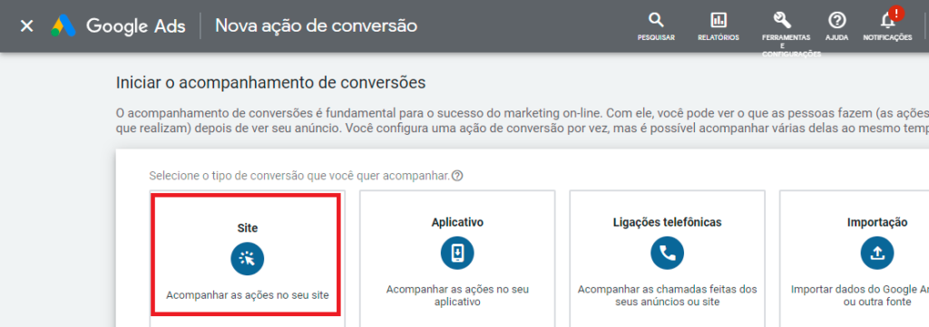 Captura de tela google ads selecionar site