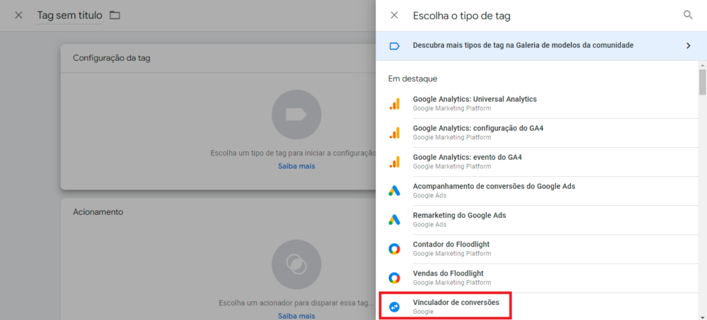 Captura de tela escolha de tag vinculador de conversões