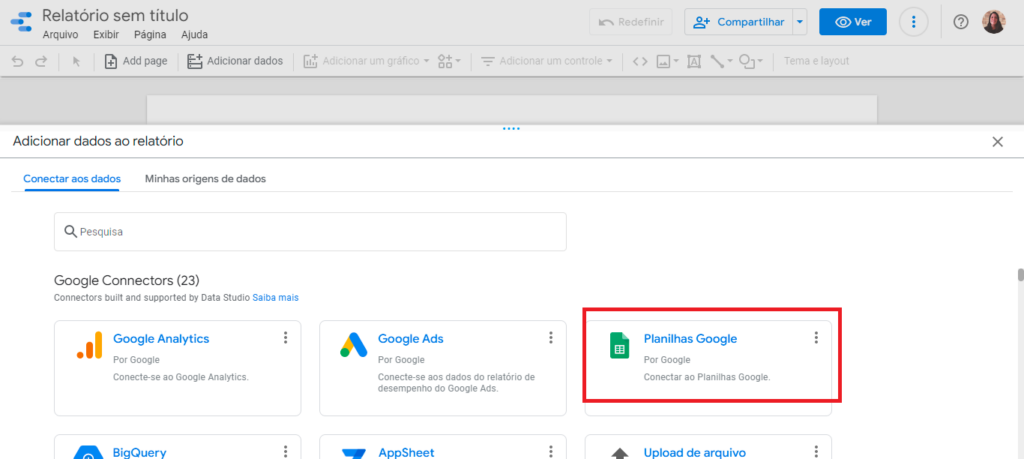 Captura de tela vincular planilha google looker studio
